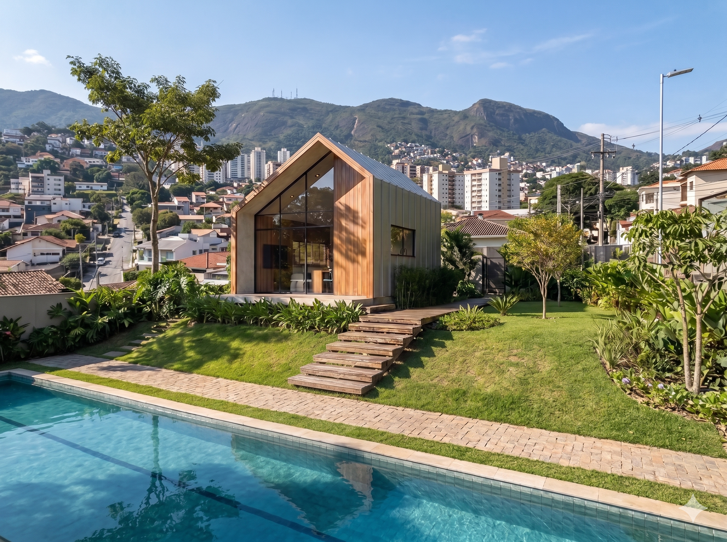 Chalé modular montado em ambiente urbano com kit de montagem EASY DIY