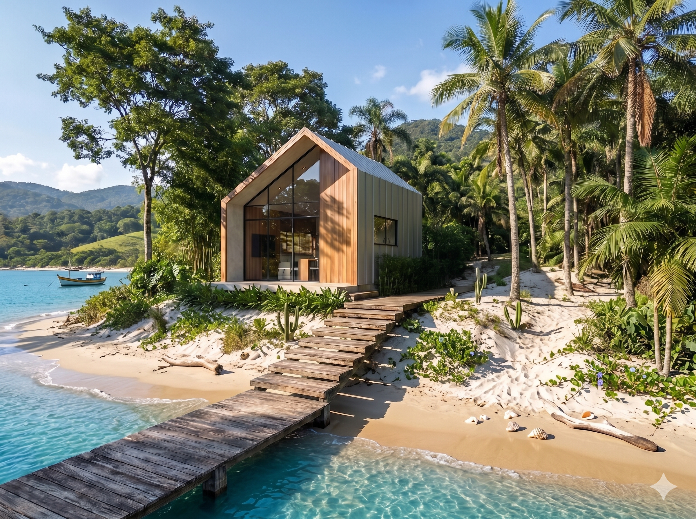 Chalé modular EASY montado em terreno de praia usando kit de peças patenteadas