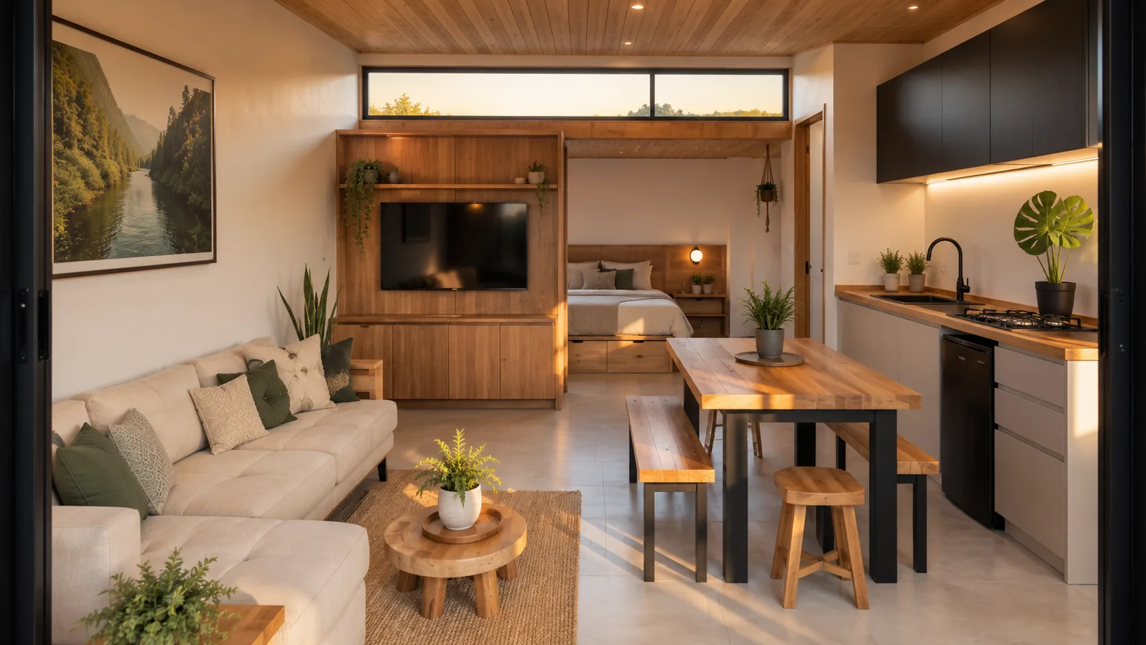 Interior integrado: sala, cozinha e quarto