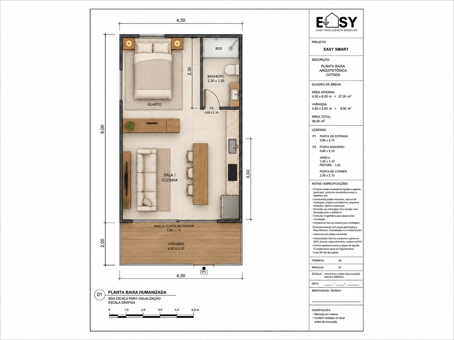 Planta baixa humanizada cotada: 4,50 × 6,00 m + varanda 2,00 m